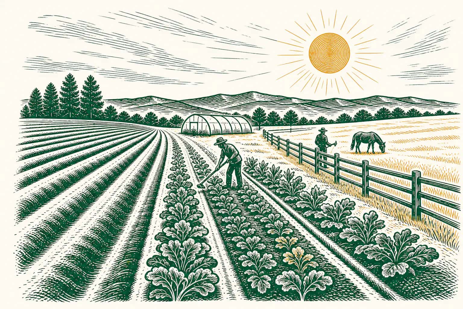 Linocut illustration of farm rows, a greenhouse, garden workers, and ranch land