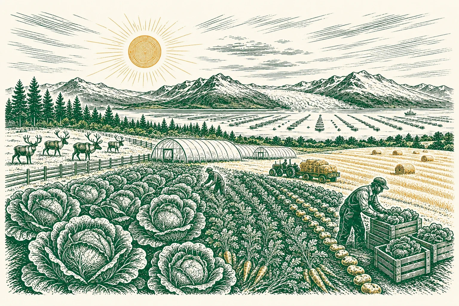Illustrated Alaska farm with mountains, crops, reindeer, and workers