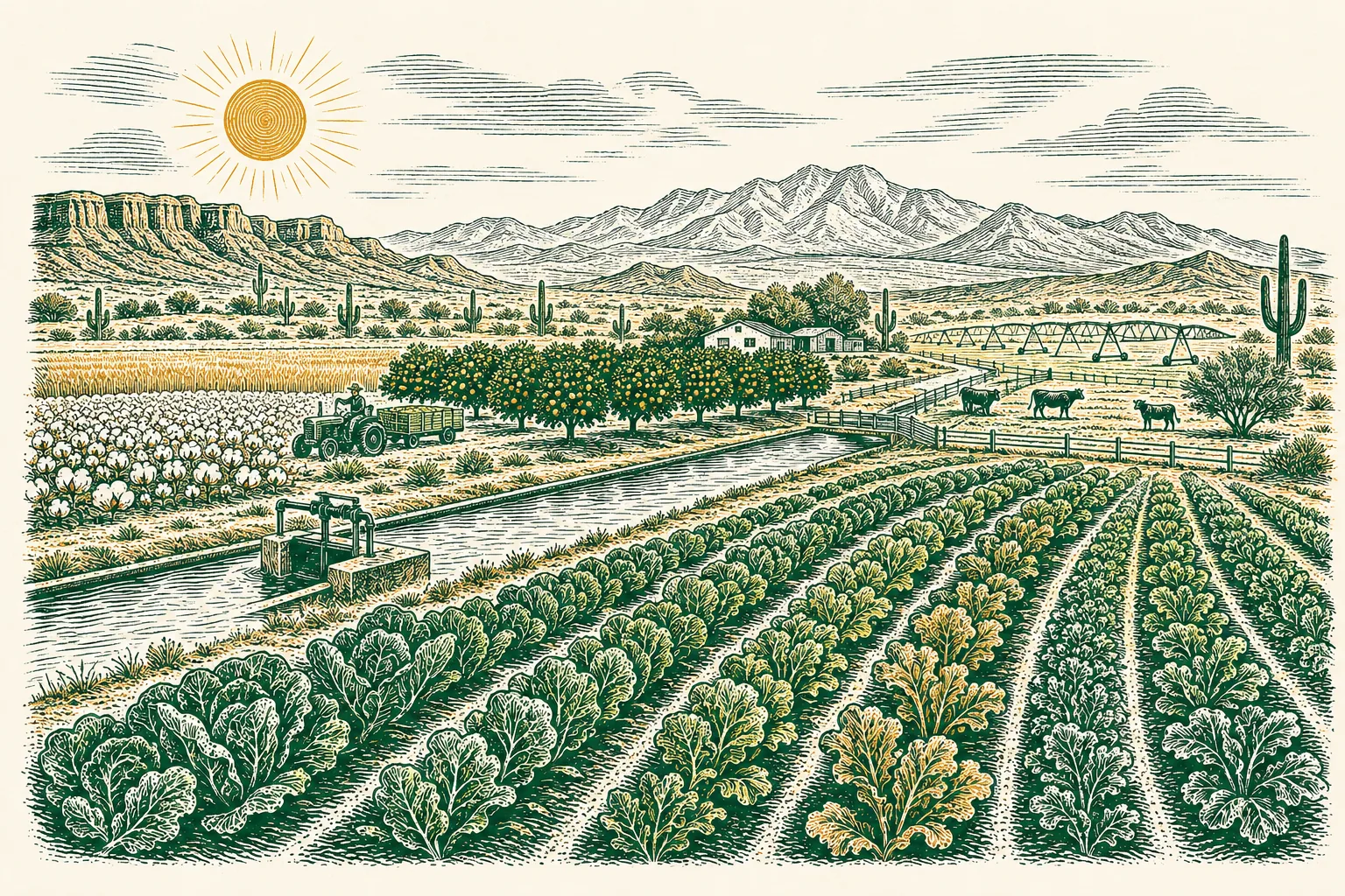 Illustrated Arizona farm with cotton, citrus, leafy greens, cattle, irrigation, and desert mountains