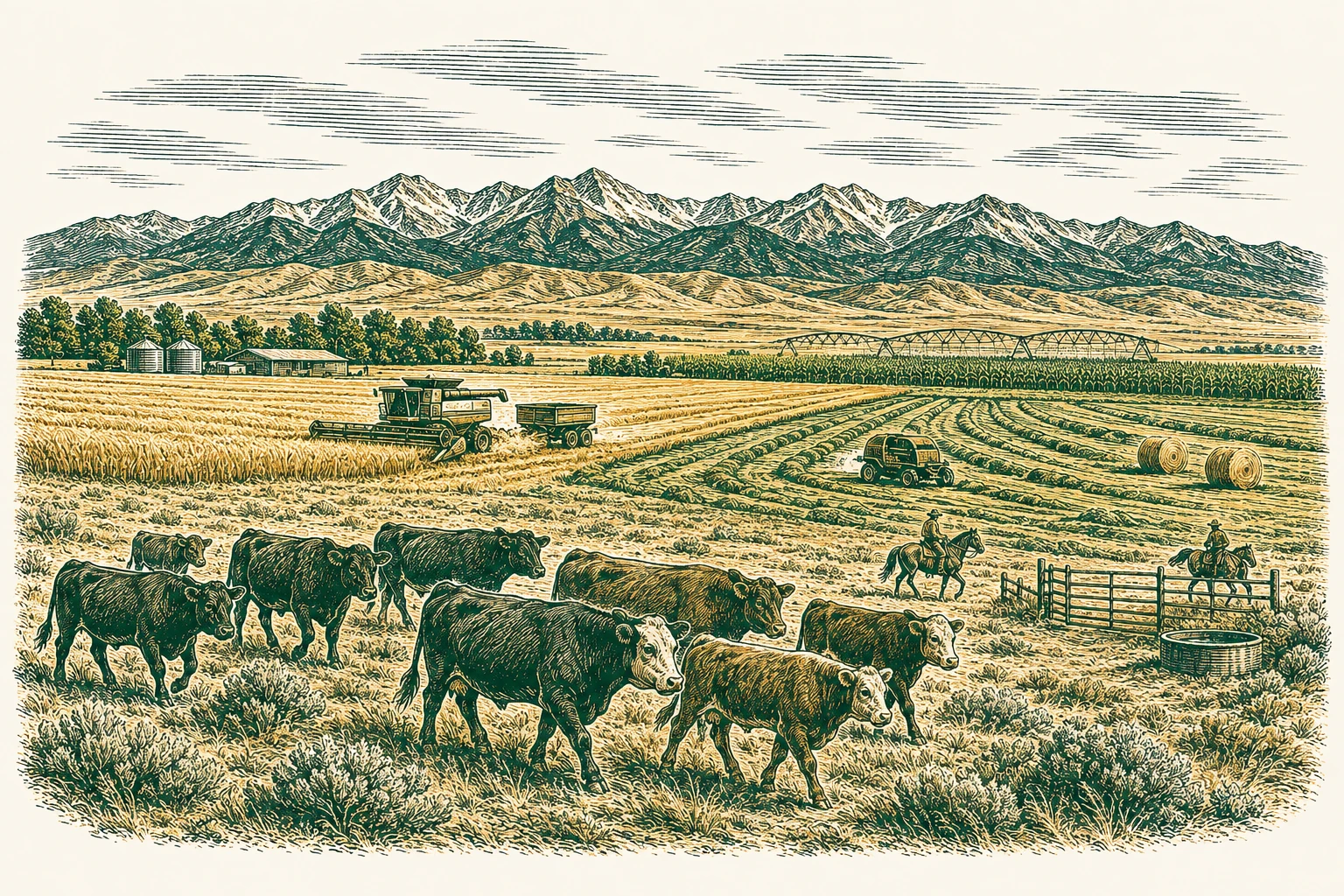 Illustrated Colorado ranch with cattle, crops, irrigation, and the Rocky Mountains