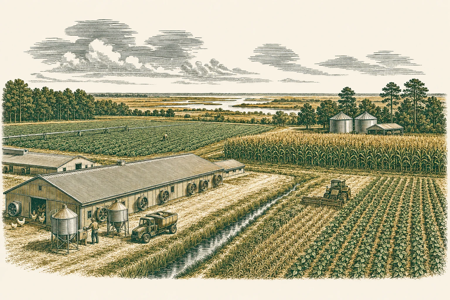 Illustrated Delaware farm with poultry houses, corn, vegetables, and wetlands