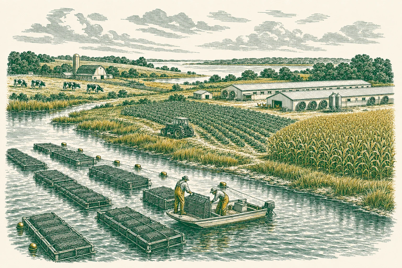 Illustrated Maryland farm with poultry, dairy cattle, crops, and Chesapeake Bay oyster aquaculture