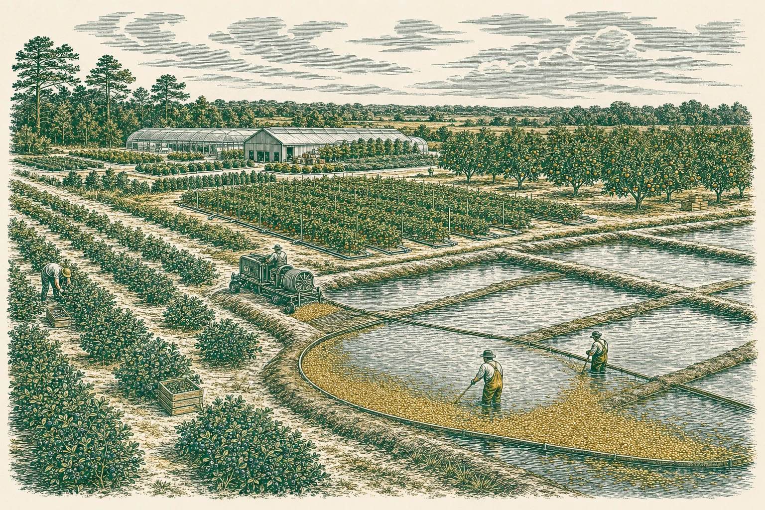 Illustrated New Jersey farm with berry fields, orchards, greenhouses, and cranberry bogs